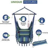 Vita5 XXL Hangstoel | Binnen&Buiten Hangnest | Incl. 2 Kussens en Boekenvak | Volwassenen&Kinderen | Hangmatstoel tot 200kg | Blauw/Groen zonder Ophangsysteem